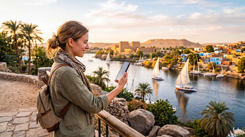 Tourist using mobile internet while visiting Aswan Egypt