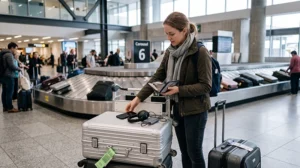 Traveller arranging internet access after collecting luggage at Auckland Airport