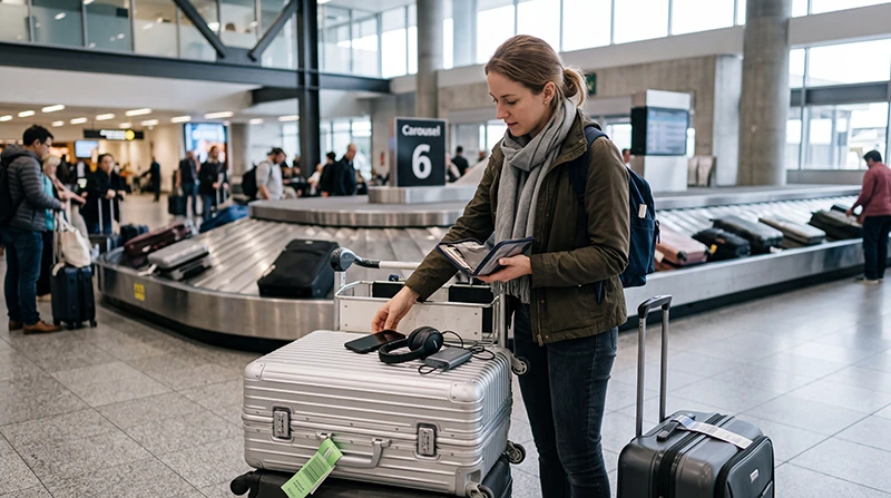 Traveller arranging internet access after collecting luggage at Auckland Airport