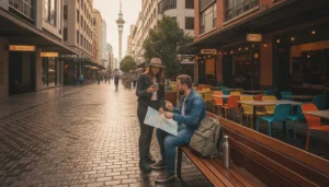 Tourists using mobile internet while exploring central Auckland in New Zealand