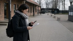 Visitor discreetly checking transport details near the Auschwitz-Birkenau visitor entrance.