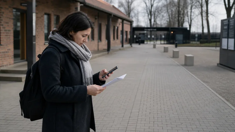 Visitor discreetly checking transport details near the Auschwitz-Birkenau visitor entrance.