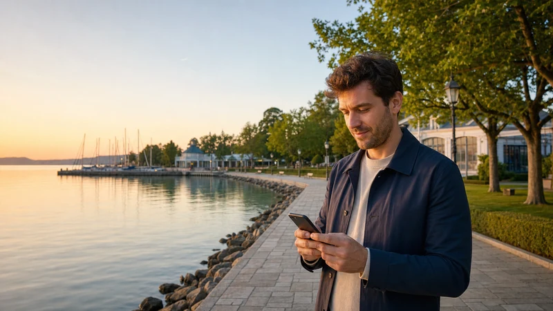 Traveller using a smartphone on the lakeside promenade in Balatonfüred, Hungary