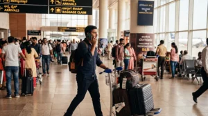 Traveler accessing mobile internet after arriving at Bangalore Airport