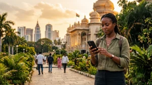 Tourist using mobile internet in Bangalore with an India eSIM