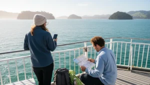 Travellers using mobile internet while taking a ferry through the Bay of Islands in New Zealand