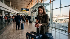 Traveler getting internet access after arriving at Beijing Airport