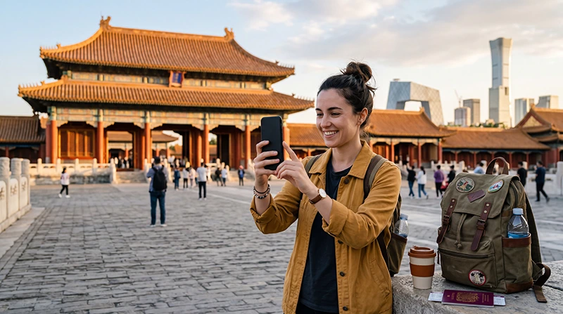 Tourist using mobile internet while exploring Beijing