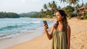 Tourist using mobile internet while visiting Bentota Beach in Sri Lanka