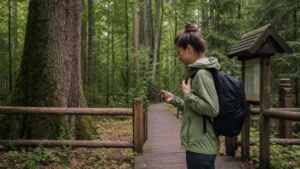 Traveller checking a phone near an authorised Białowieża Forest trail.