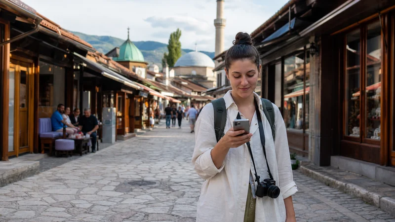Traveller using a smartphone during internet in bosnia and herzegovina for tourists in Bosnia and Herzegovina.
