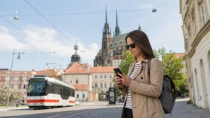 Traveller using mobile internet near central Brno.