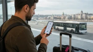 Traveller comparing internet options at Budapest Airport