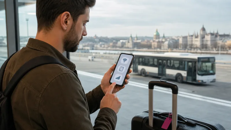 Traveller comparing internet options at Budapest Airport