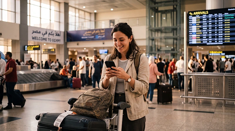 Tourist using mobile internet after arriving at Cairo International Airport