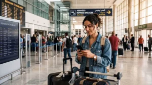 Tourist using mobile internet at Casablanca Mohammed V International Airport