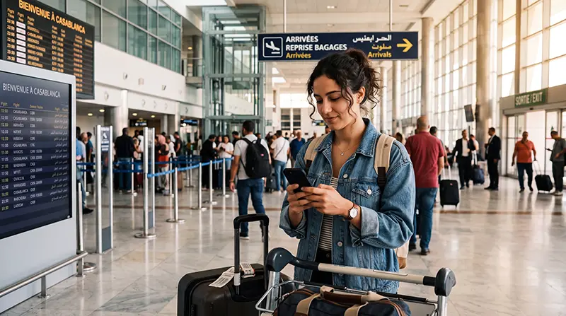 Tourist using mobile internet at Casablanca Mohammed V International Airport
