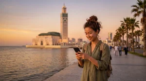 Tourist using mobile internet in Casablanca Morocco