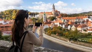 Mobile internet setup beside the Vltava in Český Krumlov.