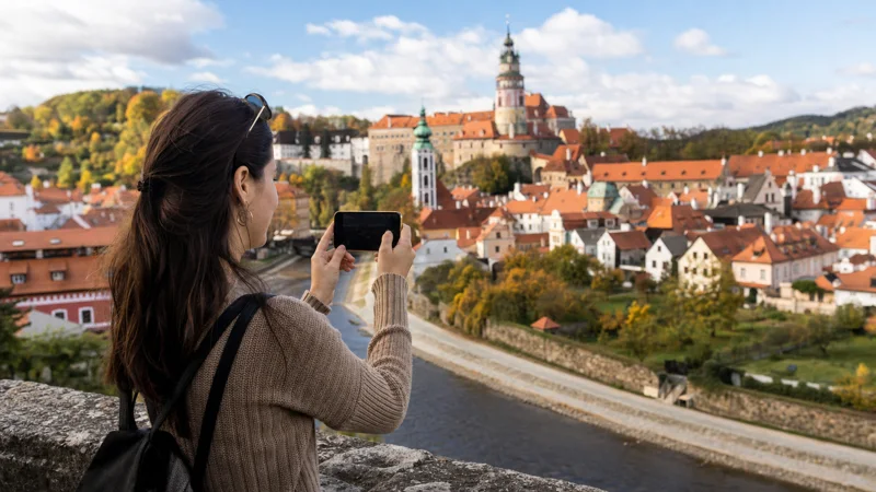 Mobile internet setup beside the Vltava in Český Krumlov.