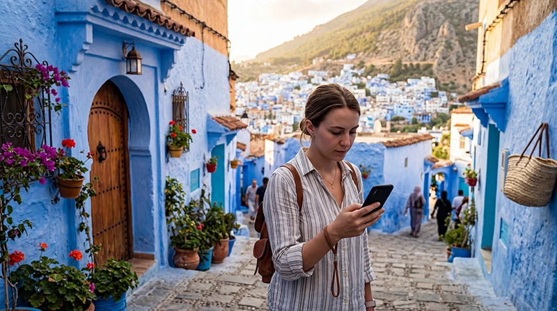 Tourist using mobile internet in Chefchaouen Morocco
