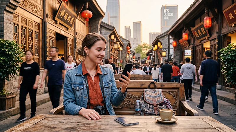 Tourist using mobile internet while exploring Chengdu
