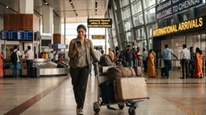 Traveler accessing mobile internet after arriving at Chennai Airport