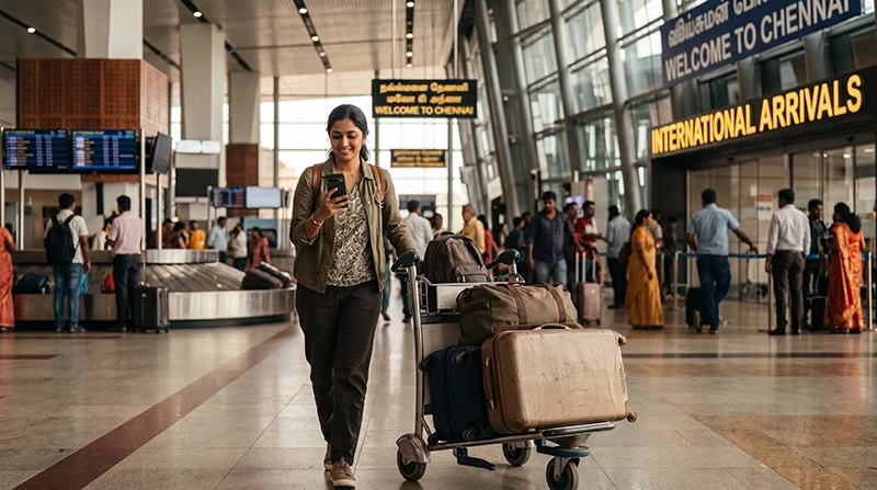 Traveler accessing mobile internet after arriving at Chennai Airport