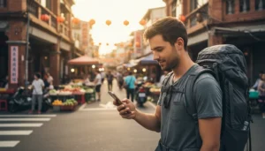 Tourist using mobile internet while exploring Chiayi city in Taiwan