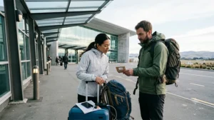 Travellers arranging mobile internet before leaving Christchurch Airport in New Zealand