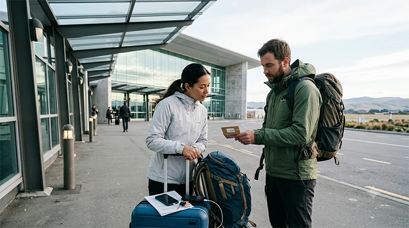 Travellers arranging mobile internet before leaving Christchurch Airport in New Zealand