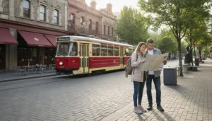 Tourists using mobile internet while exploring central Christchurch in New Zealand