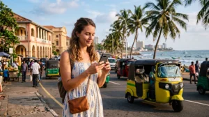 Tourist using mobile internet while exploring Colombo in Sri Lanka