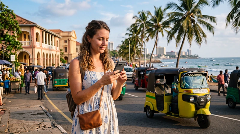 Tourist using mobile internet while exploring Colombo in Sri Lanka