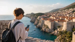 Traveller checking a smartphone while overlooking Dubrovnik and the Adriatic Sea.