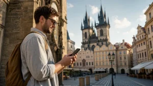 Tourist checking mobile internet in Prague Old Town.