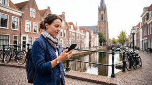 Tourist using mobile internet while exploring Delft in the Netherlands