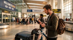 Traveler accessing mobile internet after arriving at Delhi Airport