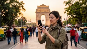 Tourist using mobile internet in Delhi with an India eSIM