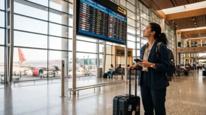Traveler using an India eSIM before a domestic flight in India