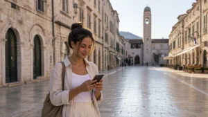Traveller checking mobile internet on Stradun in Dubrovnik.
