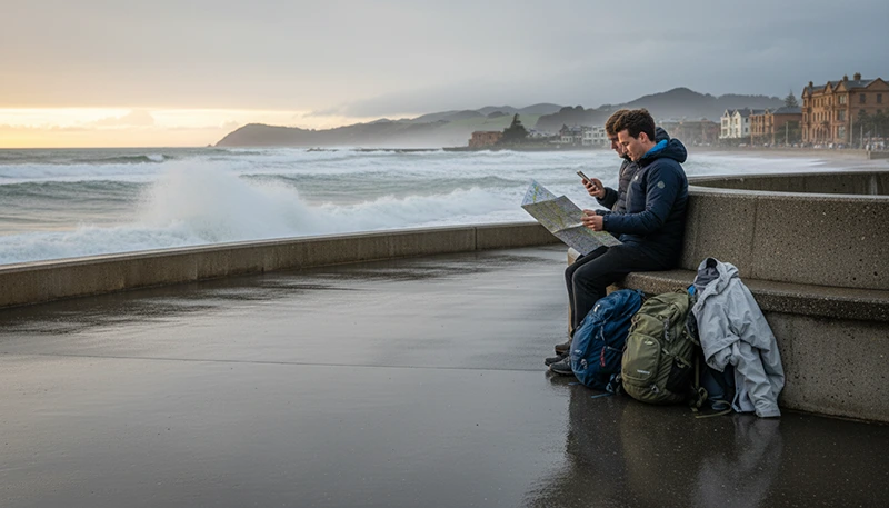 Tourists using mobile internet while exploring the St Clair waterfront in Dunedin