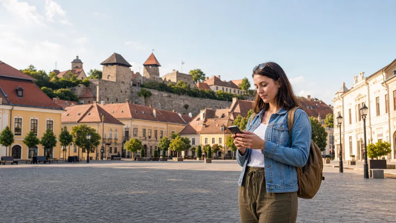 Tourist using a smartphone near Eger Castle in Eger, Hungary
