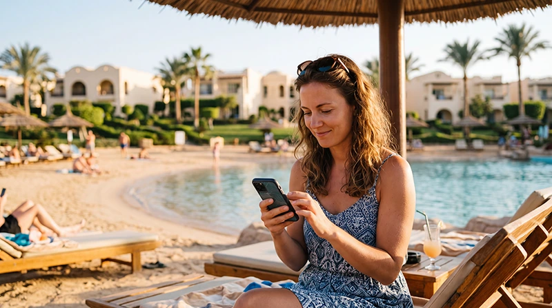 Tourist using mobile internet at an all-inclusive resort in Egypt