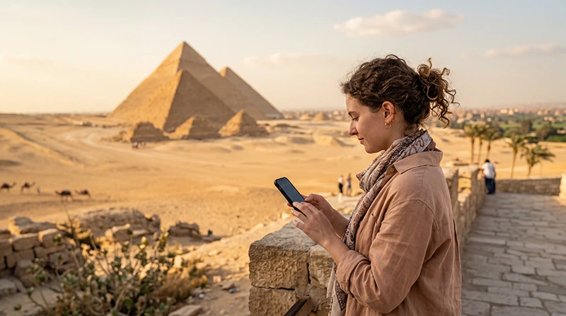 Tourist using mobile internet while visiting Egypt