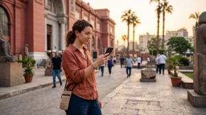 Tourist using mobile internet while visiting the Egyptian Museum in Cairo