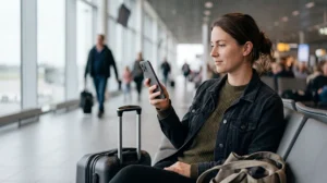 Traveller using mobile internet after arriving at Eindhoven Airport
