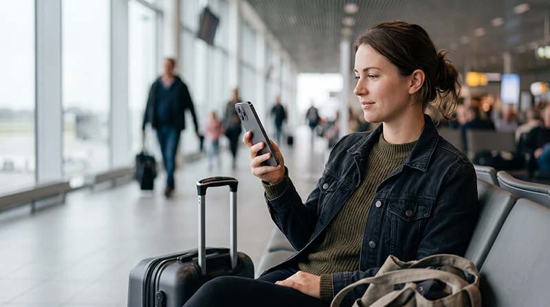 Traveller using mobile internet after arriving at Eindhoven Airport