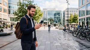 Tourist using mobile internet while exploring Eindhoven in the Netherlands