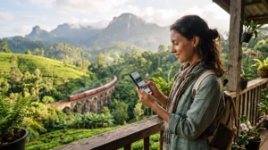 Tourist using mobile internet while exploring Ella in the Sri Lankan hill country